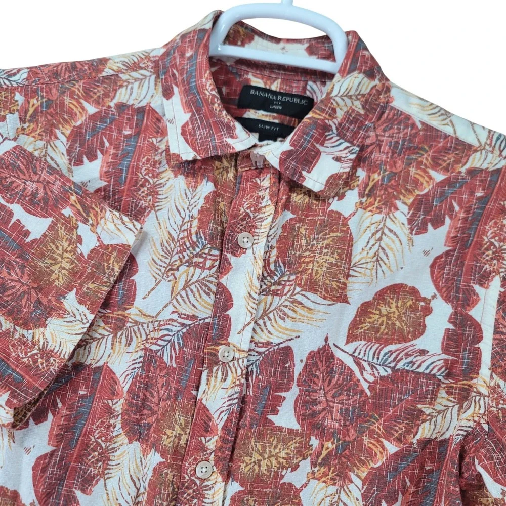 Banana Republic Button Up Shirt Mens S Red Tropical Linen Cotton Blend Slim Fit